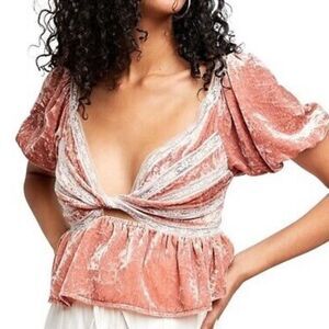 FP Yours Truly Pink Crushed Velvet and Lace Ruffle Hem Cropped Blouse